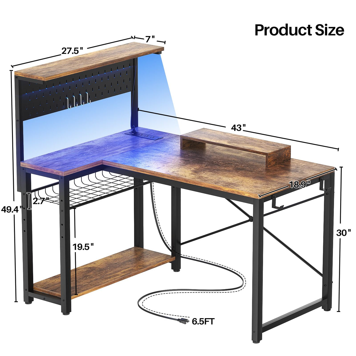 Homieasy Small Gaming Desk with Power Outlets Pegboard LED Light, 43 Inch L Shaped Computer Desk with Monitor Stand Storage Shelves, Reversible Corner Desk with Headset Hooks, Rustic Brown Homieasy