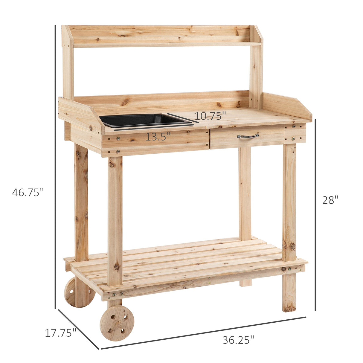 Outsunny 36'' Wooden Potting Bench Work Table with 2 Removable Wheels, Sink, Drawer & Large Storage Spaces, Natural Outsunny