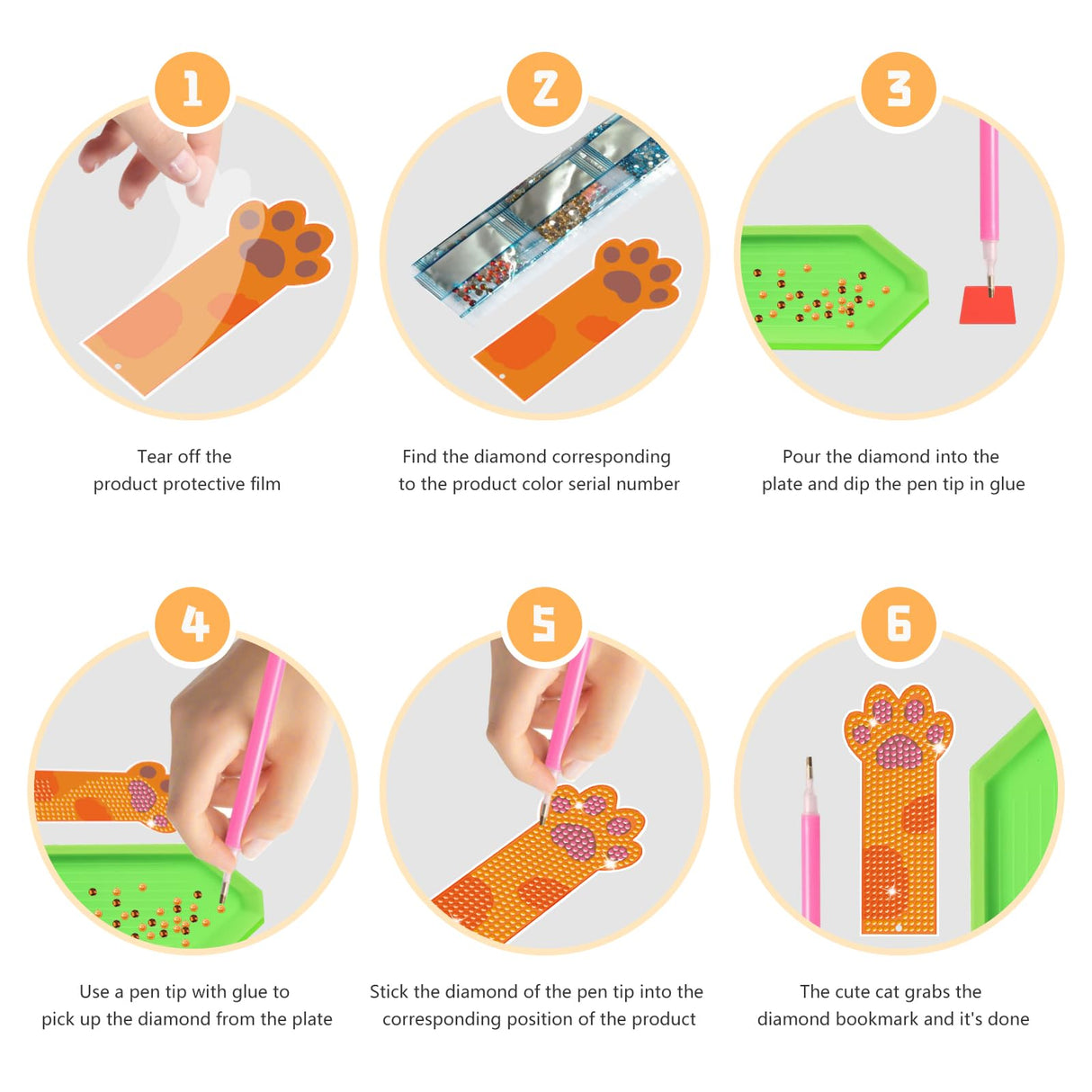 6 PCS Diamond Art Bookmarks Kits Diamond Painting Bookmark Cat Paw Bookmarks Handmade DIY Art Bookmark DIY Crafts Kit with Tool Accessories LIQALU
