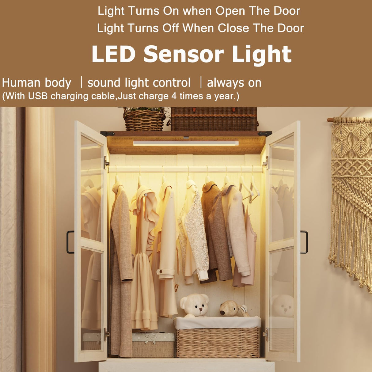 75" Tall Farmhouse 2 Doors Armoire Wardrobe Closet with 3 Drawers and LED,Freestanding Closet Wardrobe Cabinet for Bedroom with Hanging Rod,Wooden Armoire Storage Cabinet Adjustable(Rustic Off White) Hlivelood