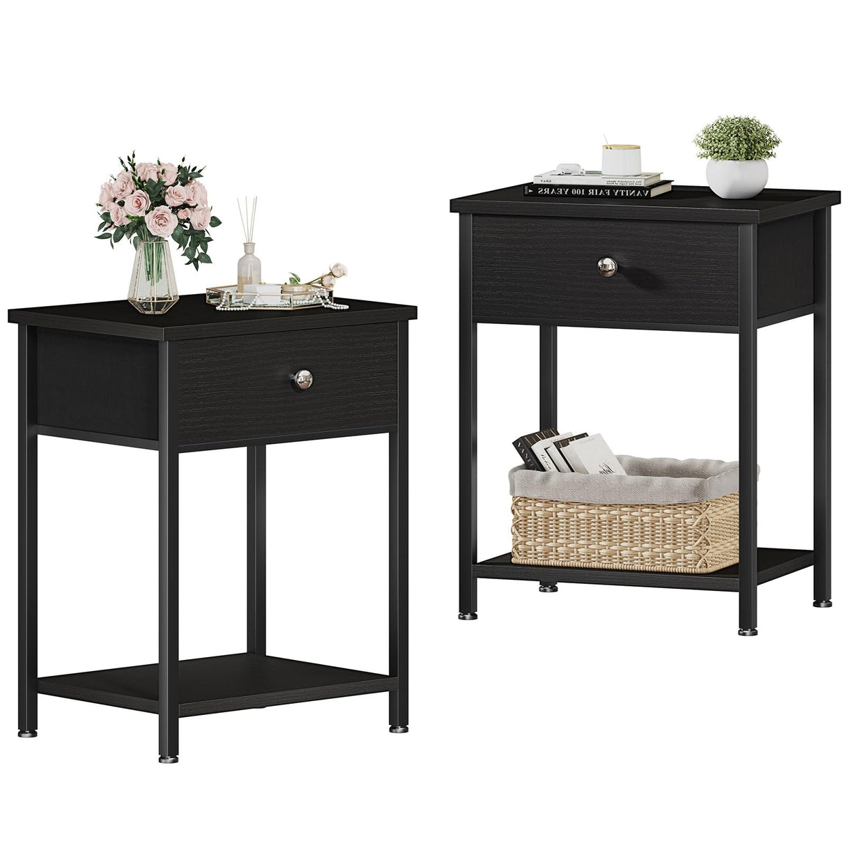 KAI-ROAD Black Nightstand Set of 2,Night Stand Set 2 with Drawers,Small Nightstand with Storage Bedside Table for Bedroom, Dorm, Modern End Table KAI-ROAD