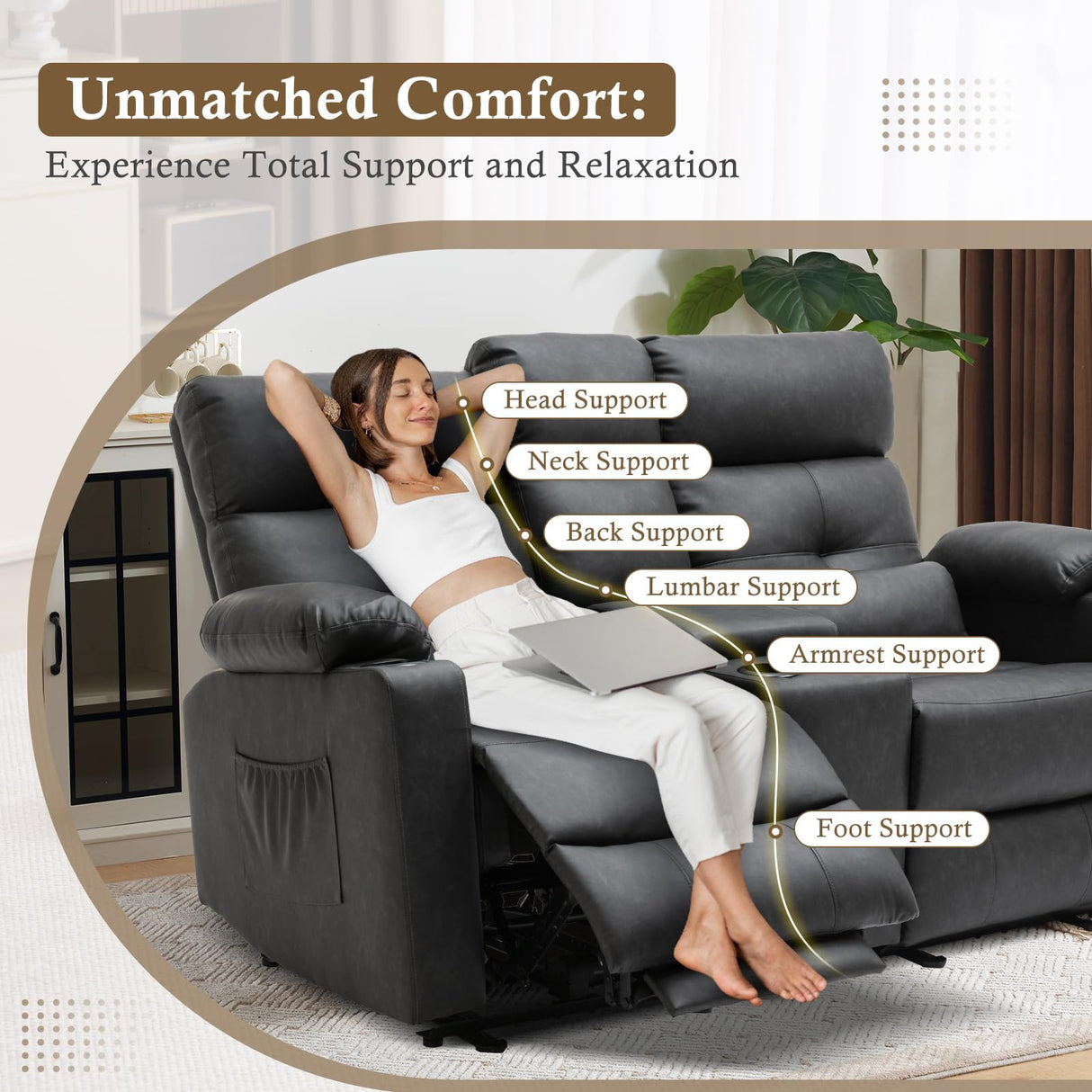 PALLOME Power Loveseat Recliner Sofa with Console, Loveseat Reclining Sofa with Heat & Massage, Home Theater Seating with Lumbar Pillow for Living Room, RV Recliner Loveseat (PU, Dark Gray) PALLOME