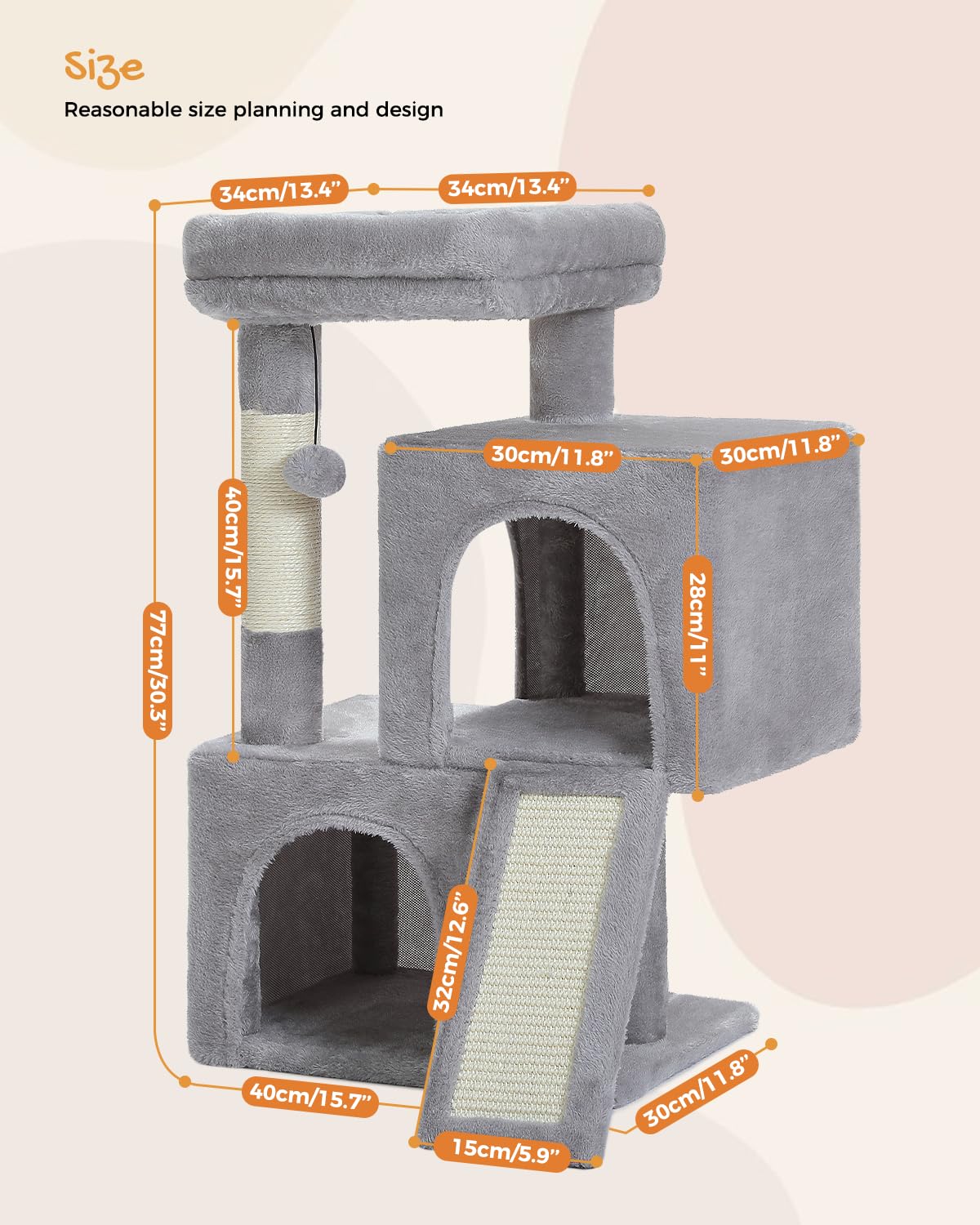 PAWZ Road Cat Tree, 30 Inches Cat Tower with Dual Condos for Indoor Cats, Plush Cat House with Padded Perch, Scratching Ramp and Posts and Replaceable Balls-Gray PAWZ Road