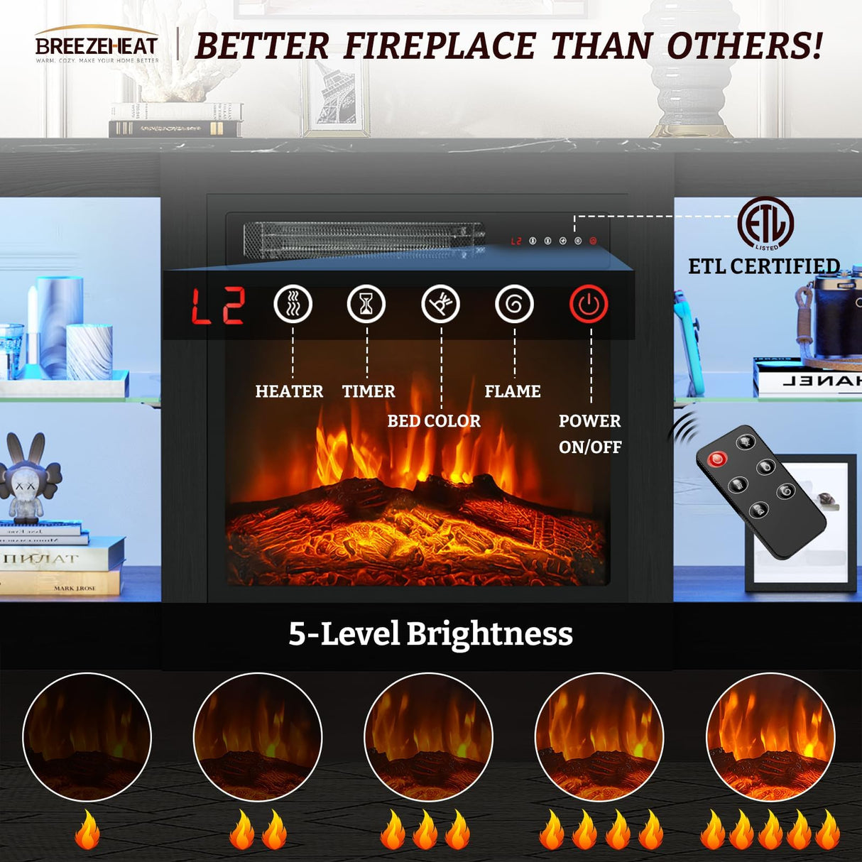 BREEZEHEAT 58 inch TV Stand with 18" Fireplace Inserts-Led Entertainment Center for TVs Up to 65"-TV Console for Living Room with Glass Shelves, LED Lights and Power Outlets (Black) BREEZEHEAT