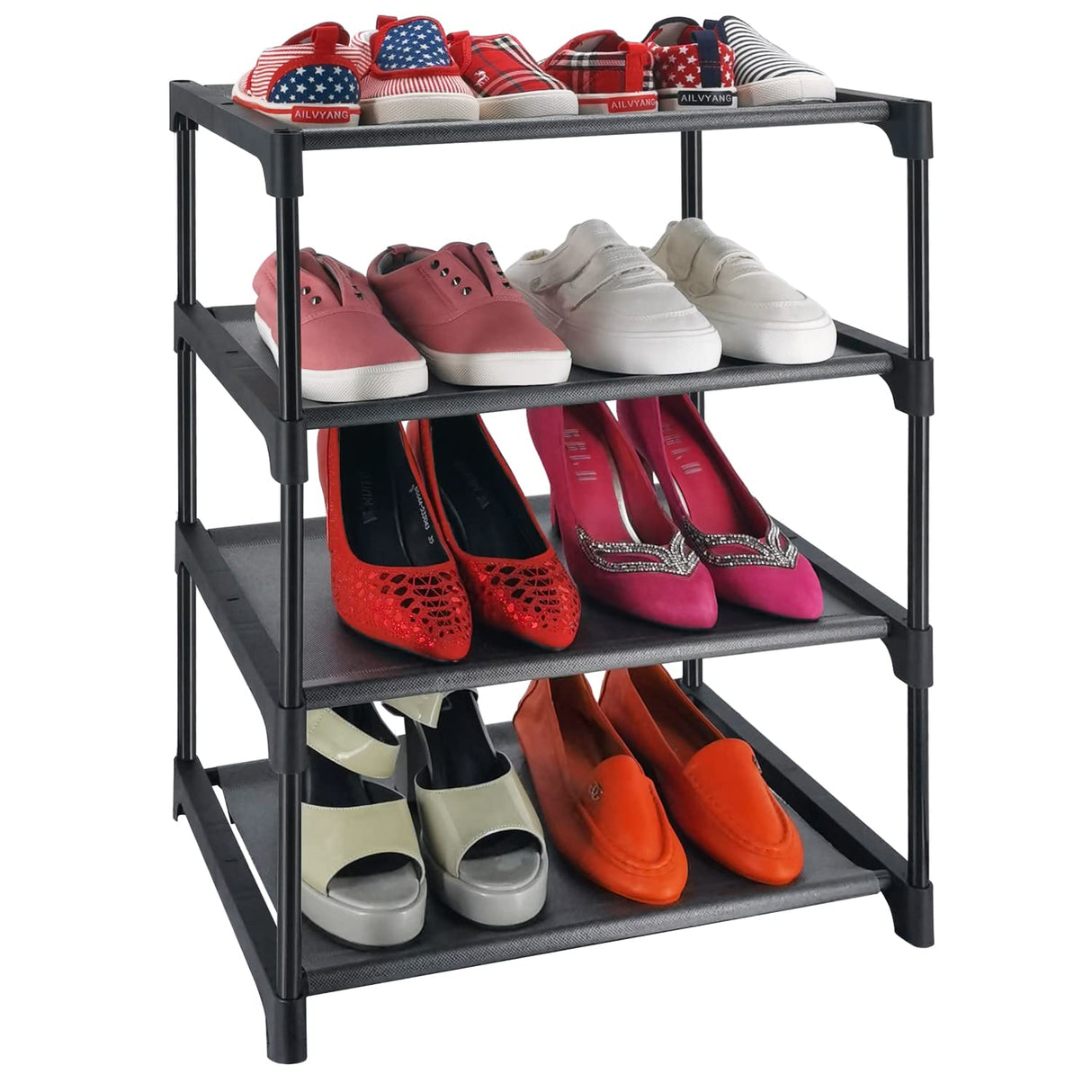 HITHIM 4 Tiers Small Shoe Rack,Narrow Stackable Shoe Shelf Organizer,Sturdy Shoe Stand, Non-Woven Fabric Metal Shoe Racks for Entryway, Doorway and Bedroom Closet HITHIM