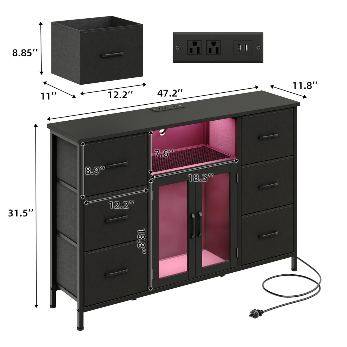 FFBCFDK Dresser for Bedroom with Charging Station & LED Light, Black 6 Drawer Dresser with Adjustable Feet, Wide Anti-Tip TV Stand for 60" TV, Fabric Chest of Drawer Storage Organizer for Living Room FFBCFDK
