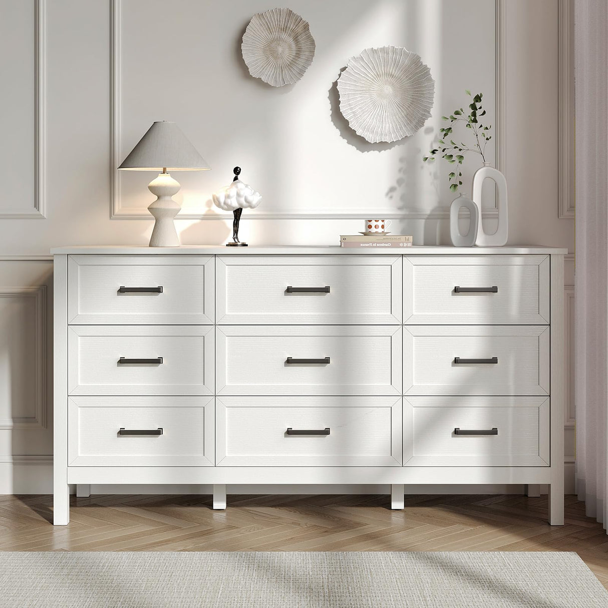 BAZELOR Farmhouse 9 Drawers Dresser for Bedroom, Wood Rustic Wide Chest with Metal Handles, Storage Dressers Organizer for Bedroom, Hallway, Entryway, White BAZELOR