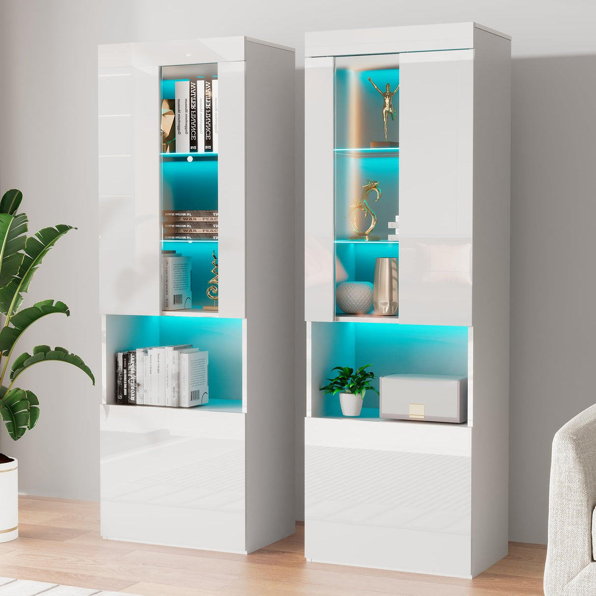 AMERLIFE Modern 71in Tall LED Bookcase Storage Cabinet with Glass Doors - Set of 2 in White AMERLIFE