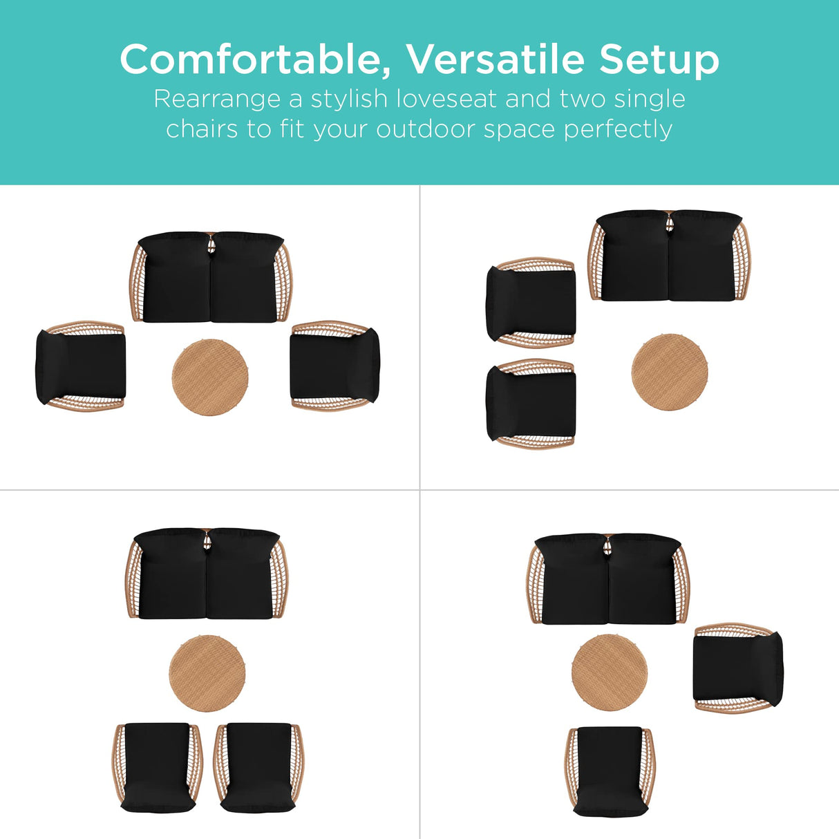 Best Choice Products 4-Piece Outdoor Rope Wicker Patio Conversation Set, Modern Contemporary Furniture for Backyard, Balcony, Porch w/Loveseat, Plush Cushions, Coffee Table, Steel Frame - Black Best Choice Products