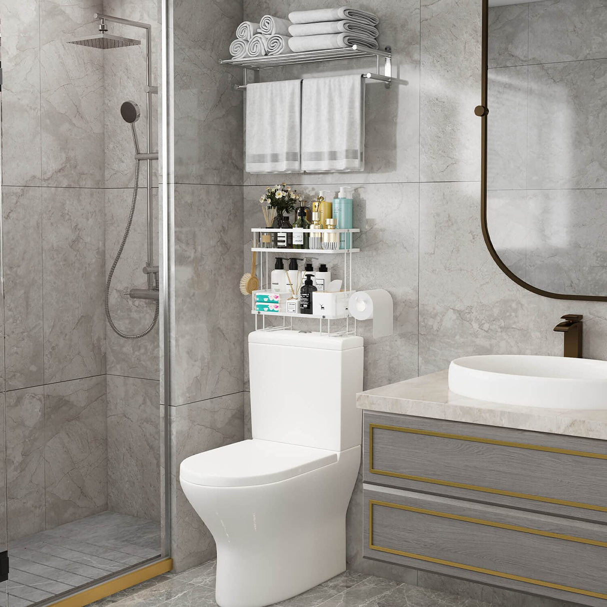 Godboat Bathroom Organizer - Over The Toilet Storage Cabinet, 2-Tier Bathroom Storage, Bathroom Shelves with 2 Hooks & Paper Rack, Bathroom Accessories & Decor, Gifts for Women, Mothers Day (White) Godboat