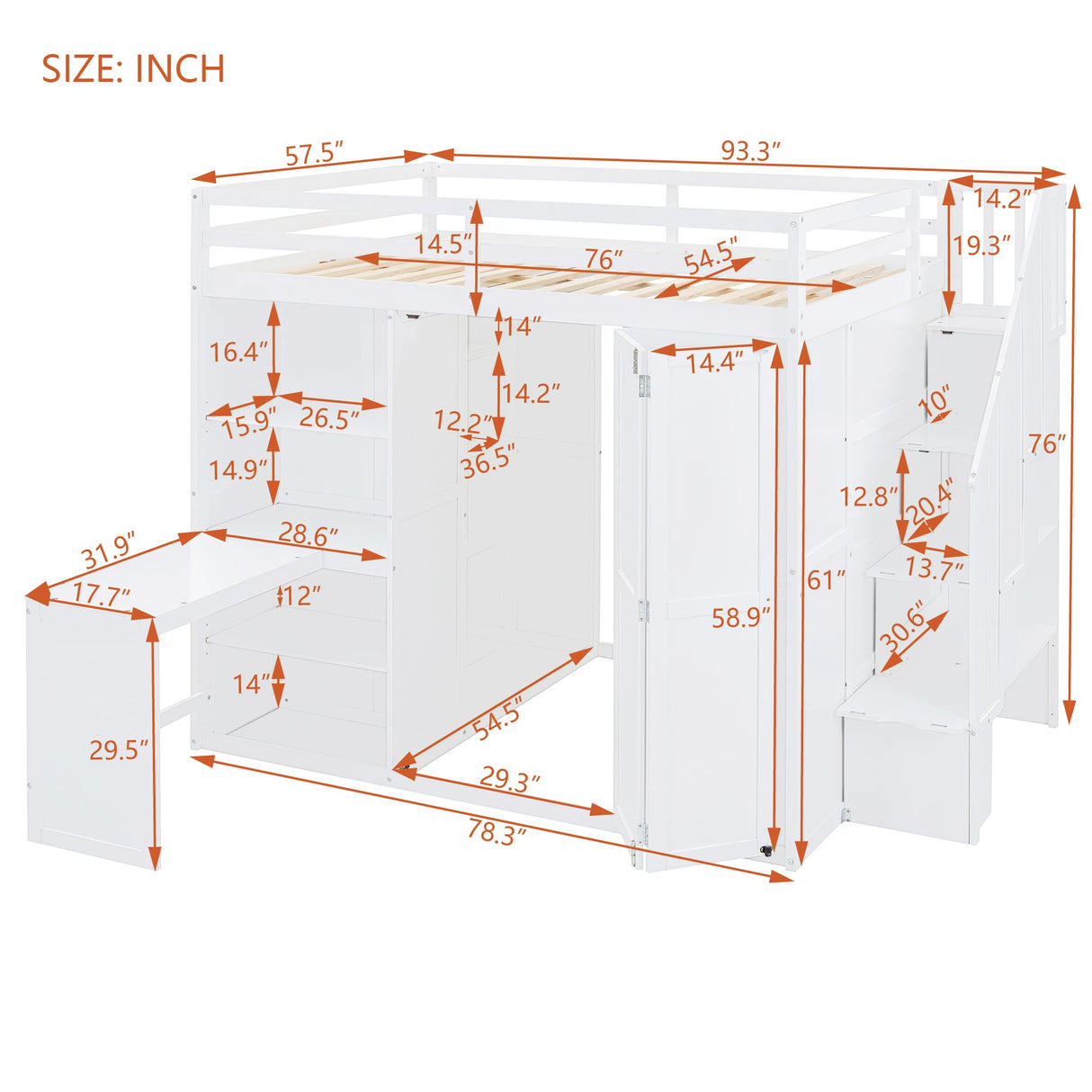 Merax Full Size Loft Bed, Wood Bedframe with Wardrobe, Storage Stairs, Desk and Shelves for Kids Teens Adults Bedroom, White Merax