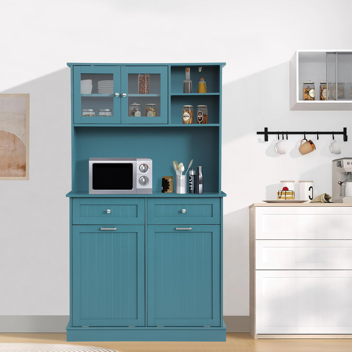 Ayiseedmid Tilt Out Trash Can Cabinet, Kitchen Pantry Cabinet, Tilt Out Laundry Hamper Cabinet with Hideaway Drawer, Recycling Freestanding Dog Food Storage Cabinet in Blue Ayiseedmid