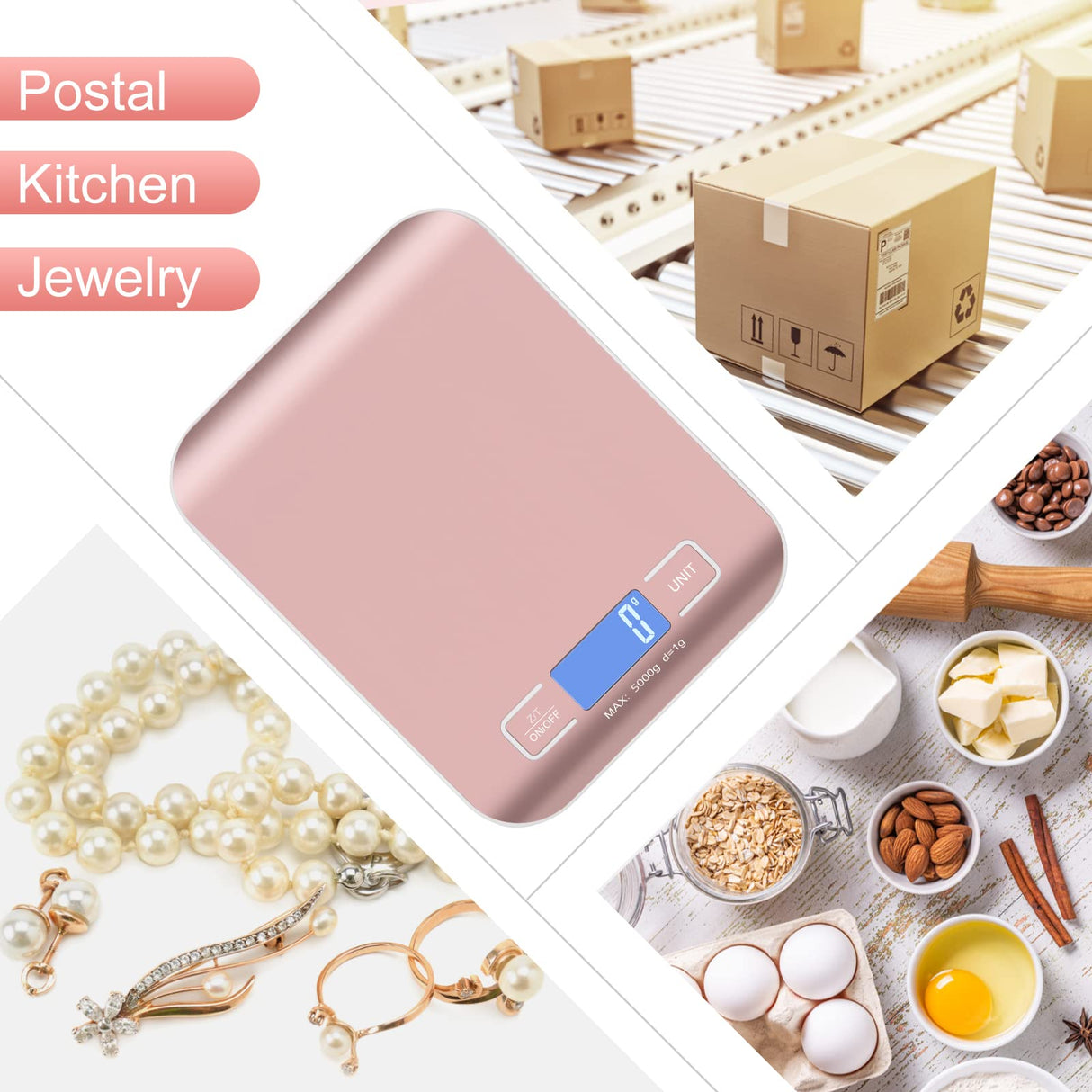 Selegere Digital Shipping Scale,Stainless Steel Panel, Accurate 5kg/1g Portable Postal Scale for Packages, Small Business,Kitchen, Food, Handmade, Liquids, and Boutique (Rose Gold) Selegere