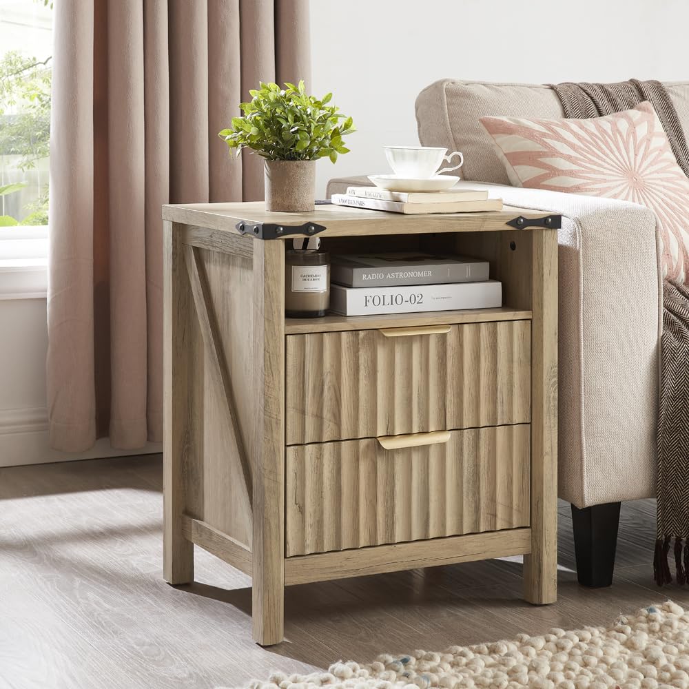 BuildHom Brown Fluted Night Stand with Charging Station, 2 Drawers Nightstand w/Open Shelves, Wood Curved Profile Design End Table, Modern Bedside Table for Bedroom, Sunwashed Ash Oak BuildHom