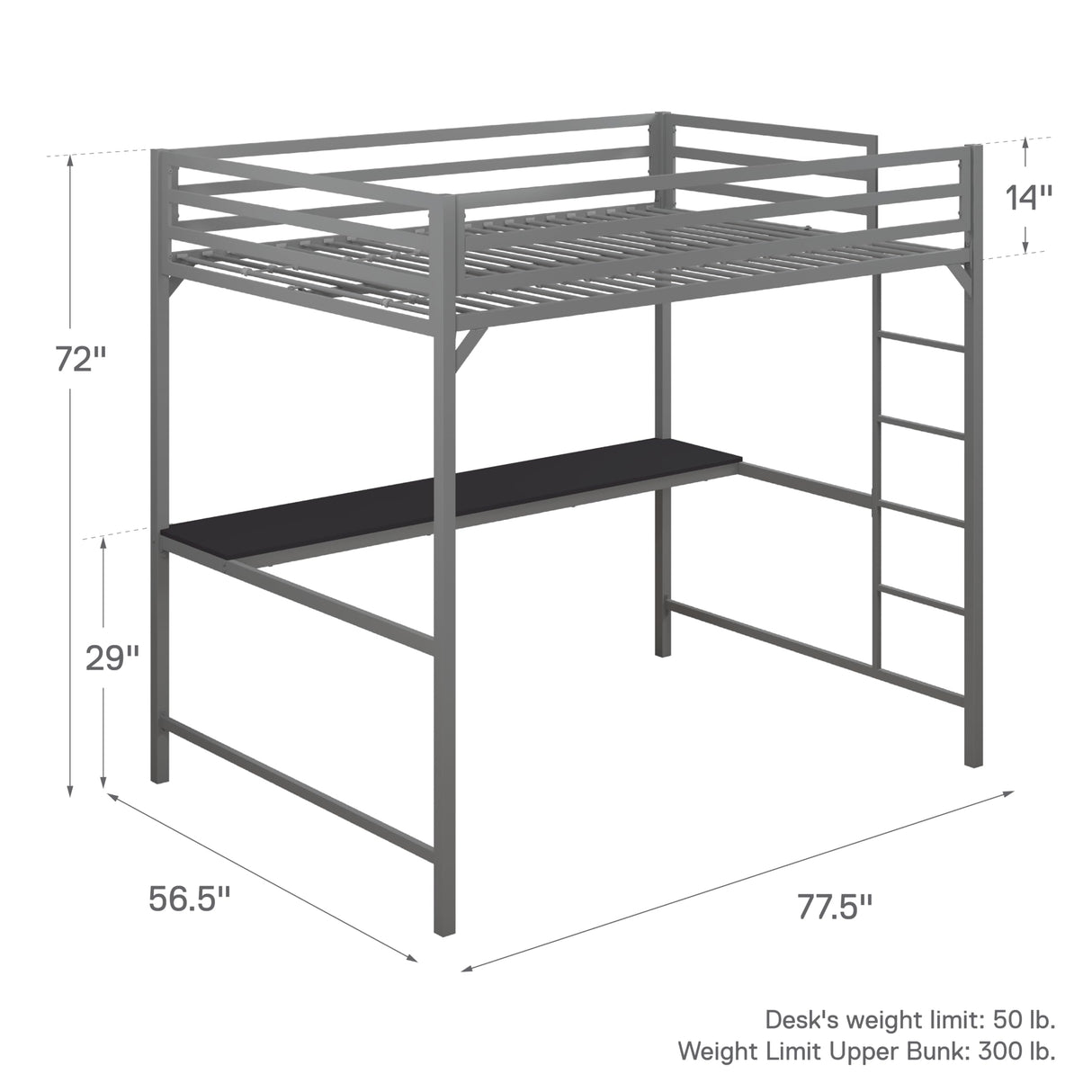 DHP 4308429 Miles Full Desk, Silver Metal Loft Bed DHP