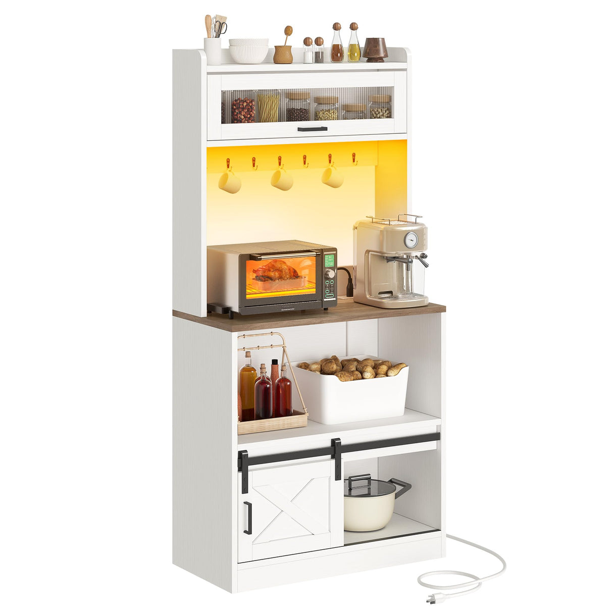 YITAHOME Bakers Rack with Power Outlet and Storage Farmhouse Microwave Stand with LED Lights Heavy Duty 5-Tier Coffee Bar Cabinet Station with 7 Hooks for Kitchen Dining Room Living Room White YITAHOME