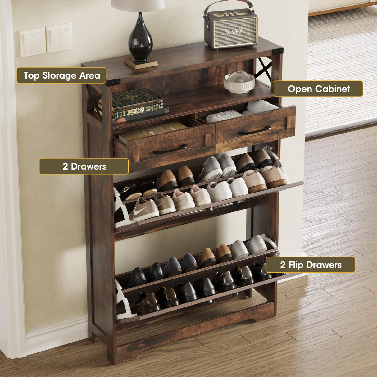 Maupvit Shoe Storage Cabinet, Farmhouse Shoe Cabinet with 2 Flip Drawers & 2 Drawers, Entryway Shoe Storage Cabinet with Doors, Narrow Shoe Cabinet for Front Door Entrance, Rustic Brown Maupvit