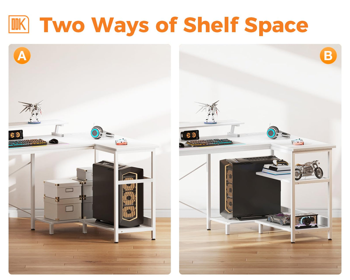 ODK 48 Inch Gaming Desk with USB Charging Ports and LED Lights, Reversible L Shaped Computer Desk with Storage Shelves & Monitor Stand, Corner Home Office Desk Table with Power Outlets, White ODK