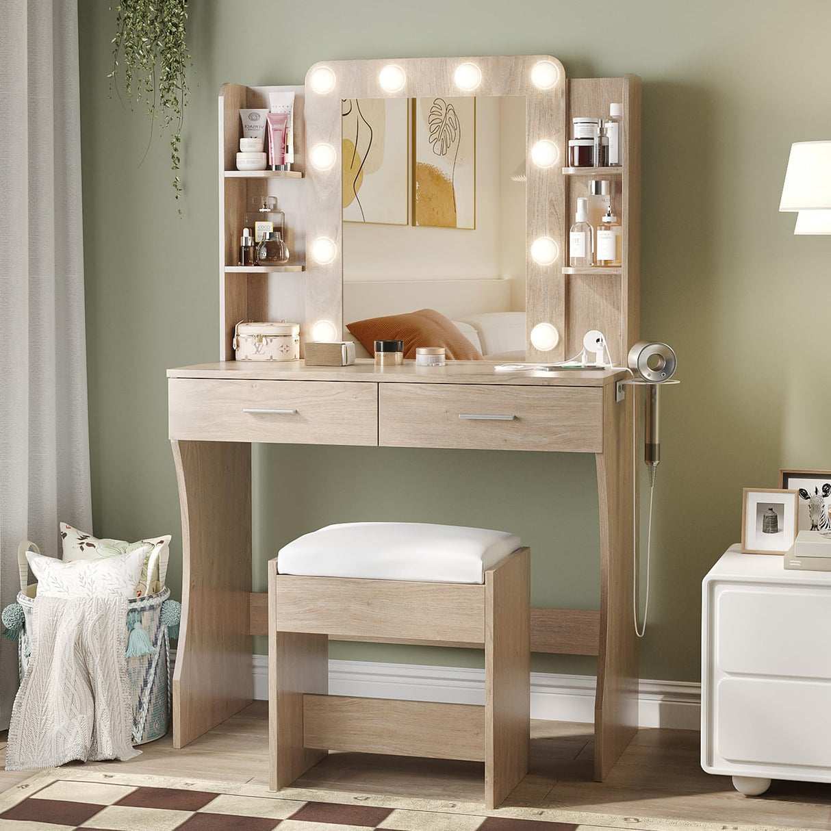 Vabches Vanity Desk with Mirror and Lights,Makeup Vanity Table with Charging Station,2 Drawer Bedroom Dressing Table with 3 Colors Modes Dimming & Cushioned Stool,Natural Oak Vabches