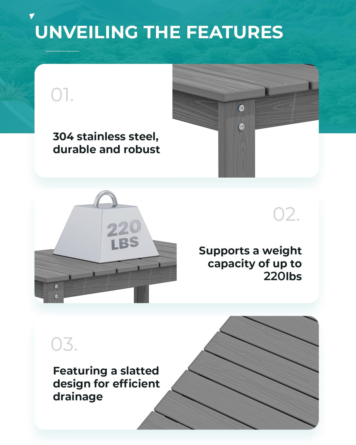 SERWALL Outdoor Coffee Table, HDPE Patio Coffee Table for Outside, Grey SERWALL