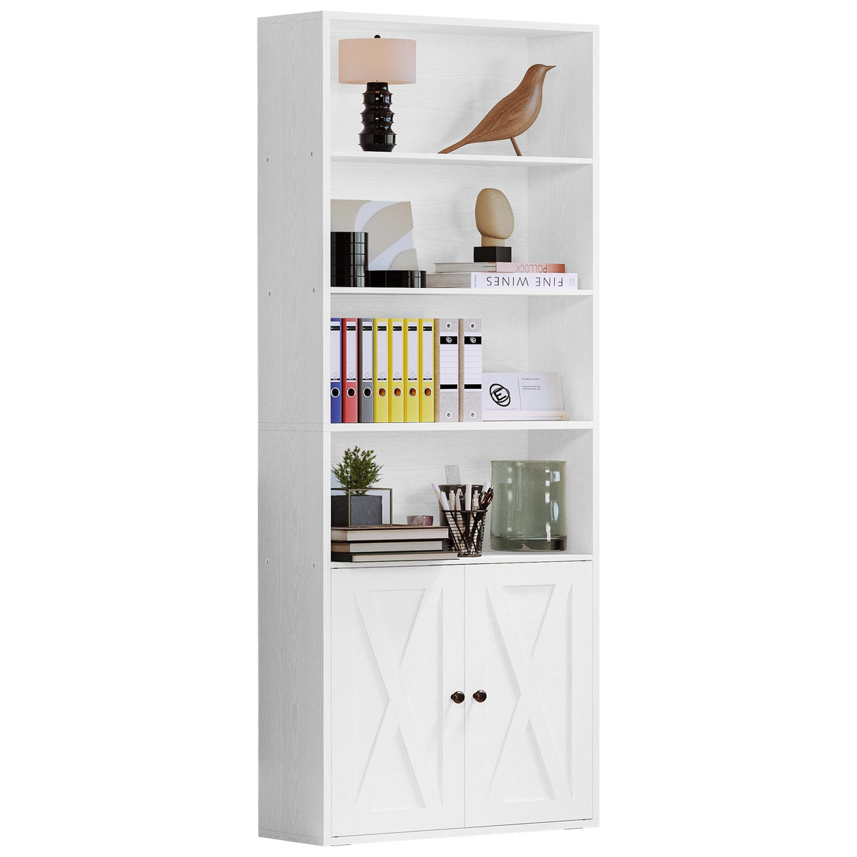 IRONCK Industrial White 6-Tier Bookshelf with Doors - 70-Inch Storage Display for Home & Office IRONCK