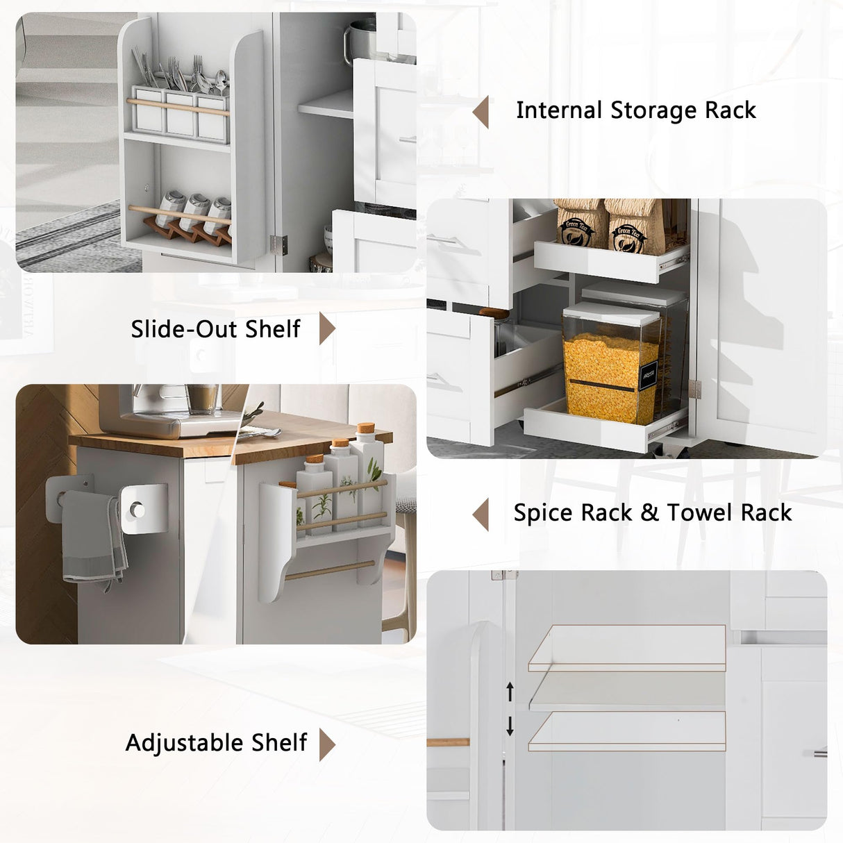 Rolling Kitchen Island with Storage, Kitchen Island on Wheels with Spice Rack & Tower Rack, Kitchen Cart with Rubber Wood Top, 3 Drawer, 2 Slide-Out Shelf and Internal Storage Rack, (White-50) LAWGLLAABT