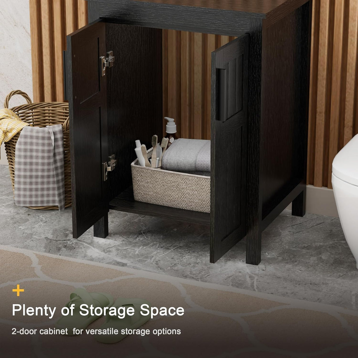 UEV Black 24" Bathroom Vanity with Sink Combo,Modern Vanity with Vessel Sink,Stylish Bathroom Vanity Cabinet,Grooved Doors & Metal Handles,Modern Square Ocean Blue Tempered Glass Vessel Sink(A10) UEV