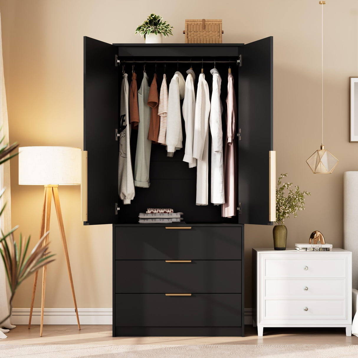 Senfot Rattan Armoire Wardrobe Closet with 3 Drawers and 2 Doors, Modern Wooden Wardrobe Cabinets for Hanging Clothes, Tall Standing Bedroom Armoires, Heavy Duty, Black Senfot