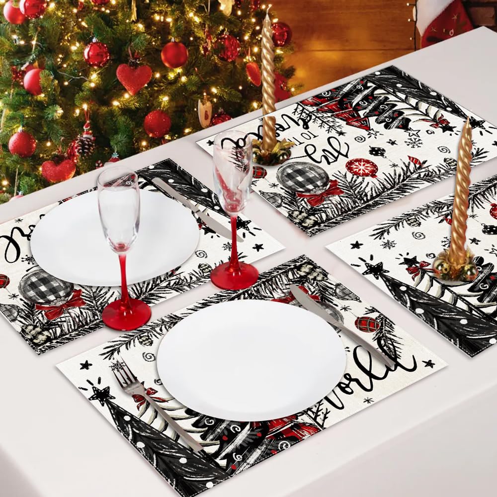 Heirloom Haven Christmas Placemats Set of 4, 12x18 Inch Christmas Tree Xmas Ball Table Mats Winter Joy to The World Seasonal Holiday Place Mat Table Decoration for Kitchen Dining Home Party Decor Heirloom Haven