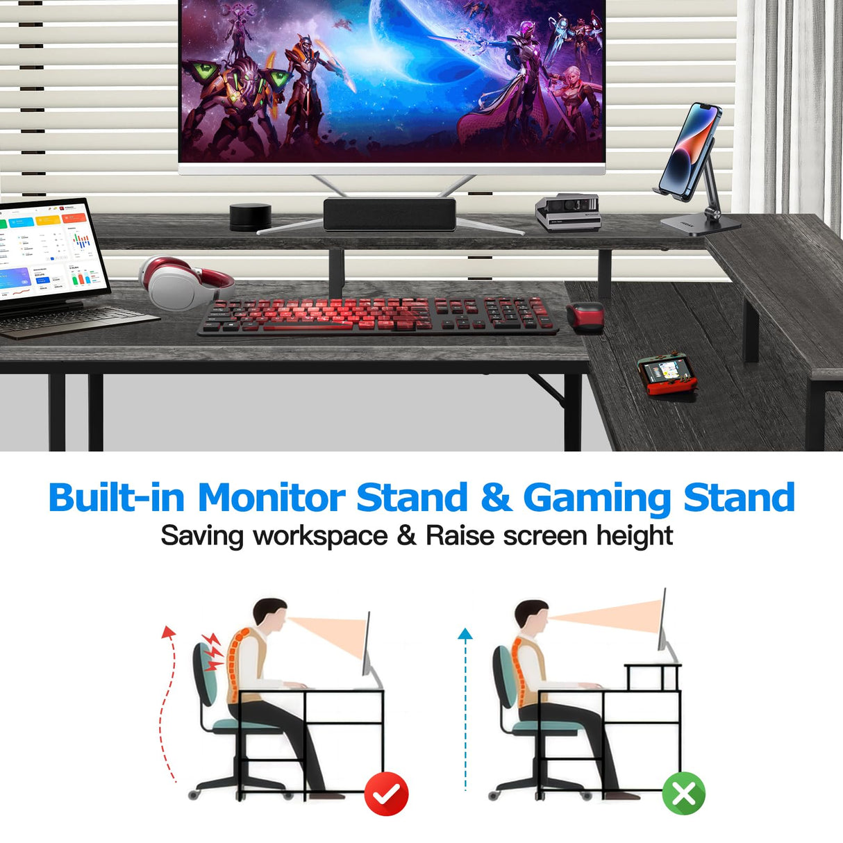 Panana 53.5" L Shaped Computer Desk Gaming Desk with LED Lights and Power Outlets, Reversible L Shaped Corner Desk with Monitor Stand, Home Office Desk with Shelf and USB Port (Grey) Panana