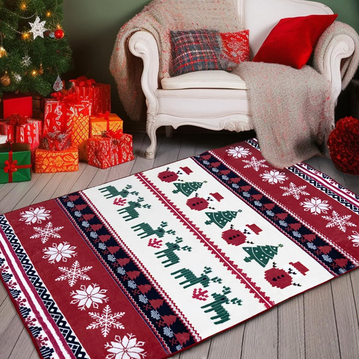 Christmas Area Rugs 4x6 Machine Washable High Traffic Xmas Door Mat Non-Slip Floor Carpet for Living Room Dining Room Bedroom Entryway & Hallway, Snow Print BNUNWISH
