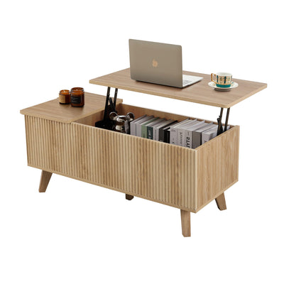 affeivul Boho Lift Top Coffee Table with Storage for Living Room, Bedroom, Rectangle Low Fluted Coffee Table with Drawers, Contemporary Pop Up Coffe Table Convertible Rising (Natural)