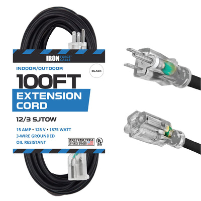 Iron Forge Cable 100 ft Heavy Duty Extension Cord Outdoor, SJTOW Oil Resistant 12 Gauge Lighted Extension Cord 3 Prong, 12/3 Black Industrial Electrical Cable 15 Amp for Farm, Ranch, Appliances