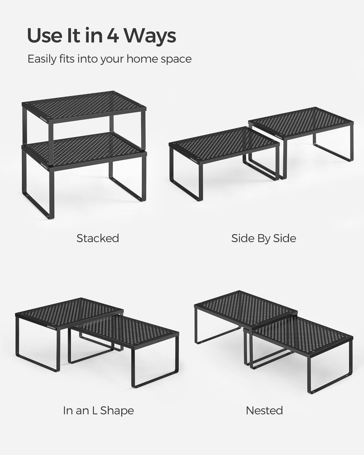 SONGMICS Spice Racks, Cabinet Shelf Organizers, Shelf Organizers, Countertop Organizers, Shelf Risers, Stackable, Expandable, Set of 4 Metal Kitchen Counter Shelves, Ink Black UKCS006B01 SONGMICS