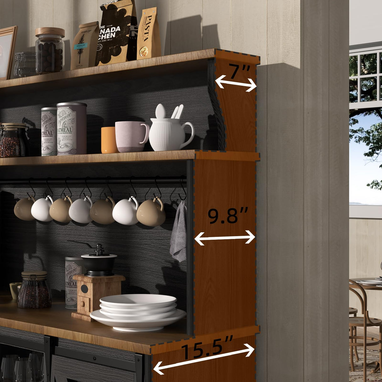 BestHaped 55'' Farmhouse Coffee Bar Cabinet with 3 Tier Storage Hutch, Coffee Bar Station with Sliding Barn Door, Hutch Storage Cabinet with 12 Wine Racks & 9 Hooks for Kitchen Dining Living Room BestHaped