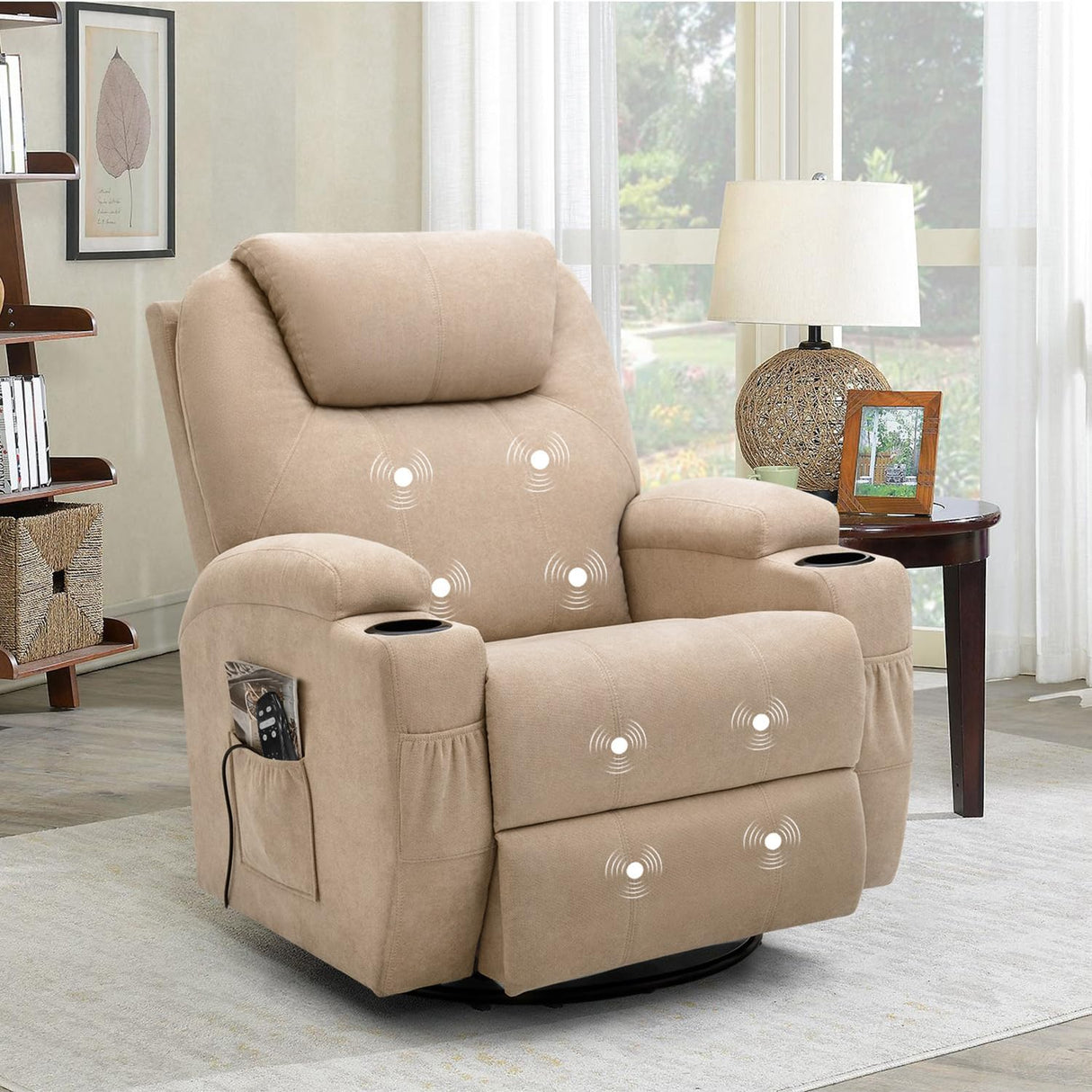 Flamaker Rocking Chair Recliner Chair with Massage Swivel Ergonomic Lounge Chair Classic Single Sofa with 2 Cup Holders Side Pockets Living Room Chair Home Theater Seat (Beige) Flamaker