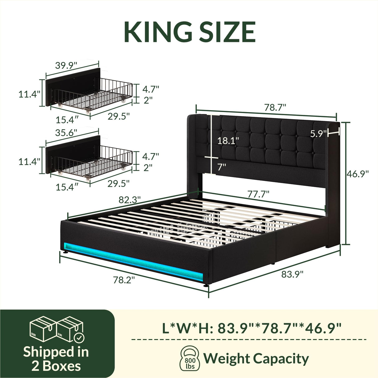 LARMACE King Size Bed Frame with Storage Drawers and Wingback Headboard Velvet Upholstered Platform Bed Frame Tufted Beds with Led Lights, Heavy Duty, No Box Spring Needed, Easy Assembly, Black LARMACE