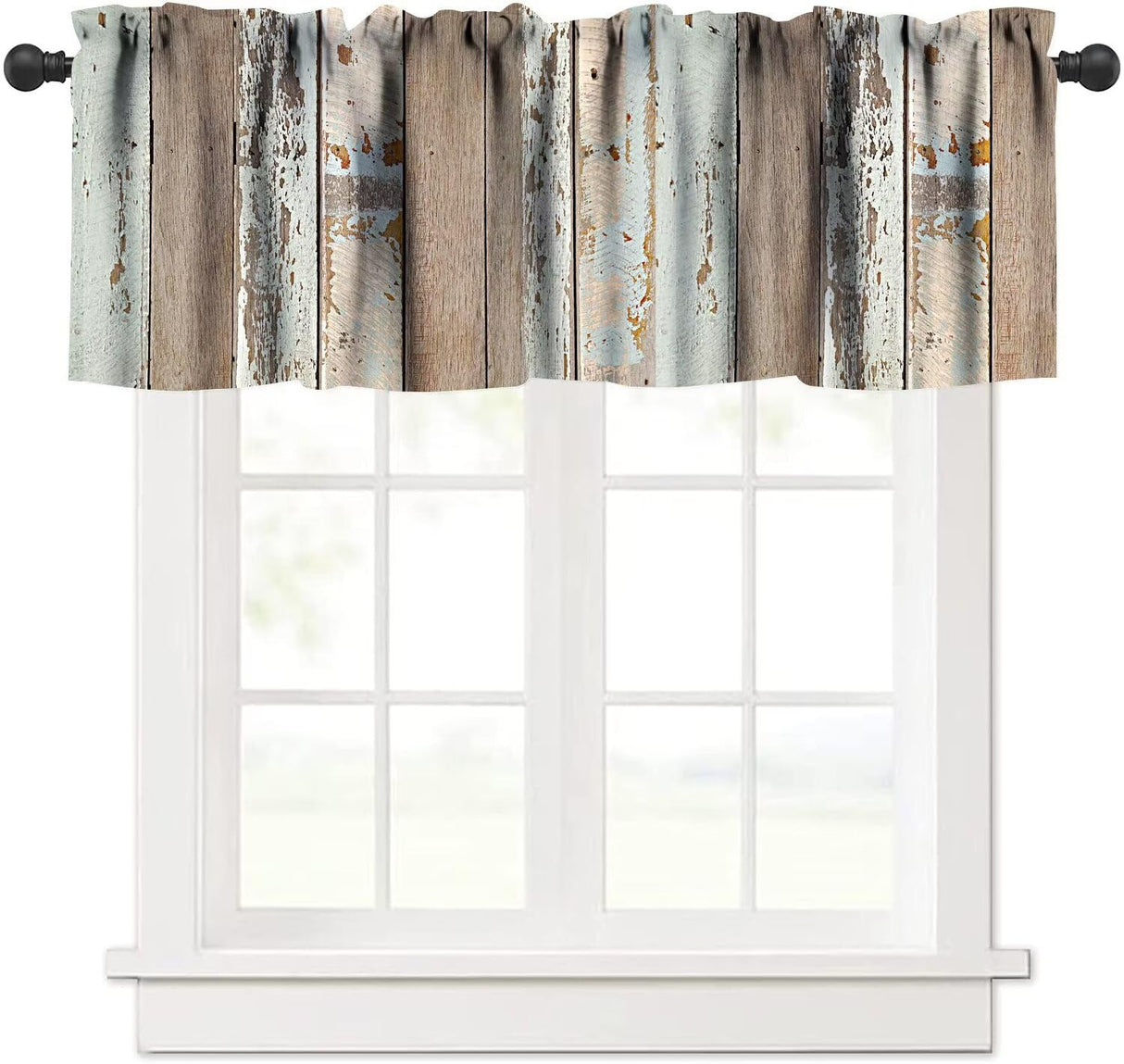 JESTRONRY Rustic Wood Kitchen Valances Window Curtain, Brown Wooden Blue Wood Plank Wall Board Window Treatment Valances for Bedroom Kitchen Decor with Rod Pocket JESTRONRY
