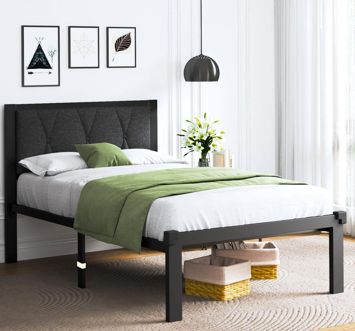 Feonase Twin Size Metal Bed Frame with Fabric Button Tufted Headboard, Platform Bed Frame with Heavy Duty Metal Slats, 12" Storage Space, Noise Free, No Box Spring Needed, Dark Grey Feonase