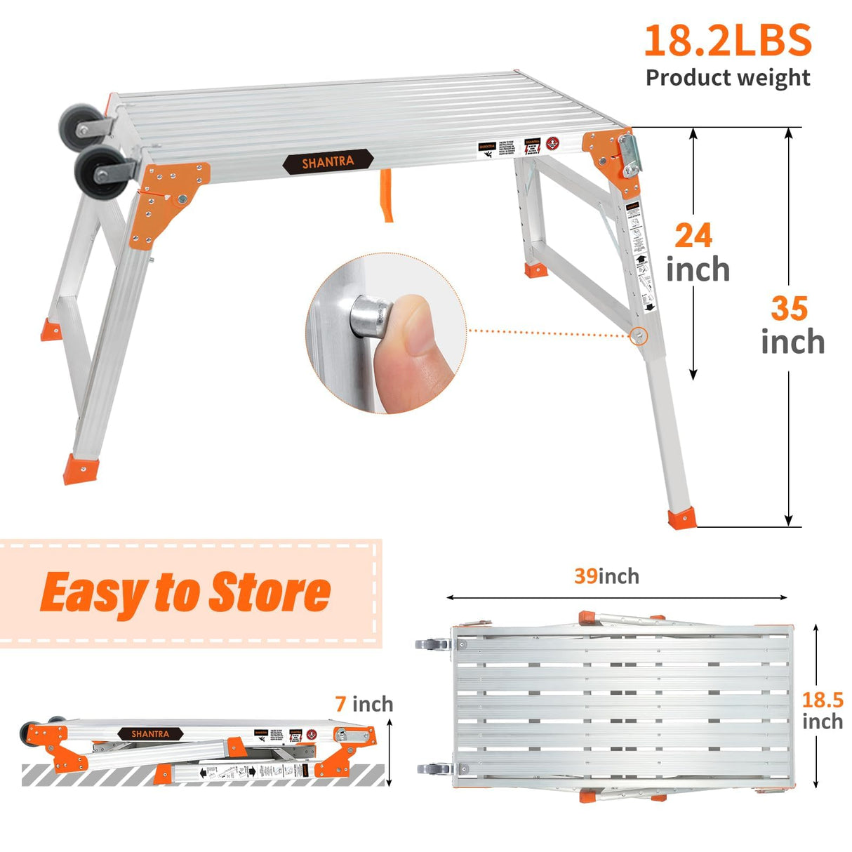 Multifunctional & Adjustable Work Platform with Wheels, 330 lbs Capacity, 24 to 35 inches Step Ladder, Aluminum Folding Scaffolding Ladder, Heavy Duty Portable Bench Ladder Stool with Non-Slip Feet SHANTRA