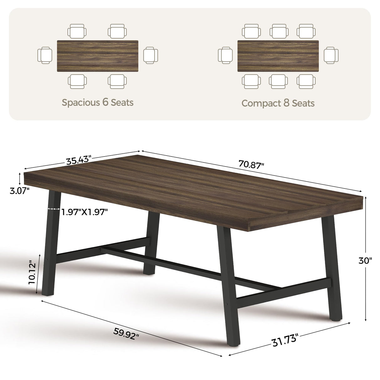 IDEALHOUSE 70 Inch Farmhouse Dining Table for 6 to 8, Large Rectangular Dinner Table for Dining Room, Home Office, Living Room,Brown IDEALHOUSE