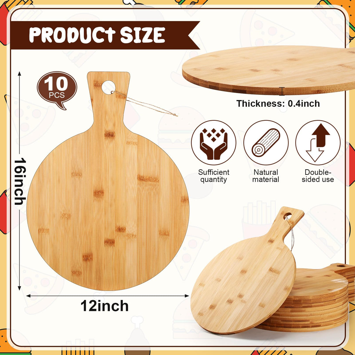 Kigley 10 Pcs Bamboo Cutting Board with Handle 12 Inch Bamboo Wooden Round Cutting Board Pizza Board Kitchen Chopping Boards for Home Baking Pizza Bread Cake Cheese Fruits Vegetables Charcuterie Kigley