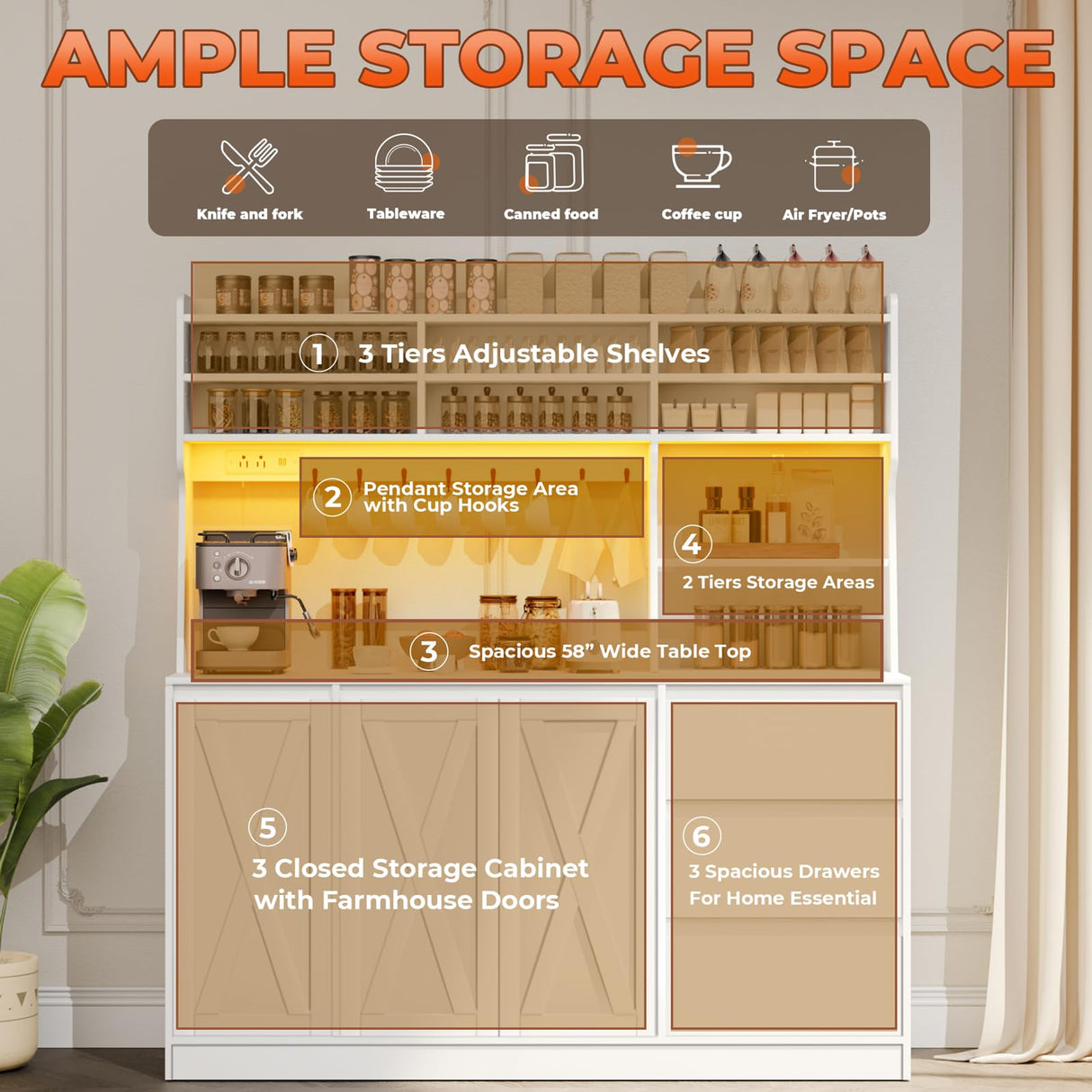 Gyfimoie Farmhouse Kitchen Pantry Cabinet with Power Outlet & LED Light, Large Coffee Bar Cupboard with Microwave Stand, 3 Doors & 3 Drawers, 7 Cup Holders & 8 Open Cubbies, Adjusted Shelves (White) Gyfimoie