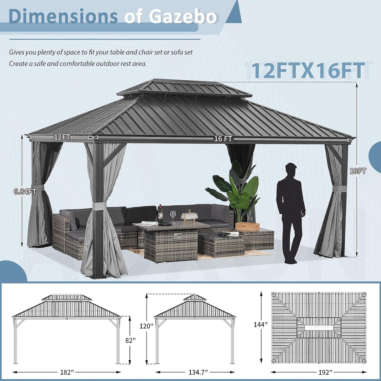 Aoxun 12' x 16' Permanent Hardtop Gazebo with Galvanized Steel Double Roof and Aluminum Frames Outdoor Large Pavilion Gazebo for Patio Deck Garden, Nettings and Curtains Included, Brown Aoxun