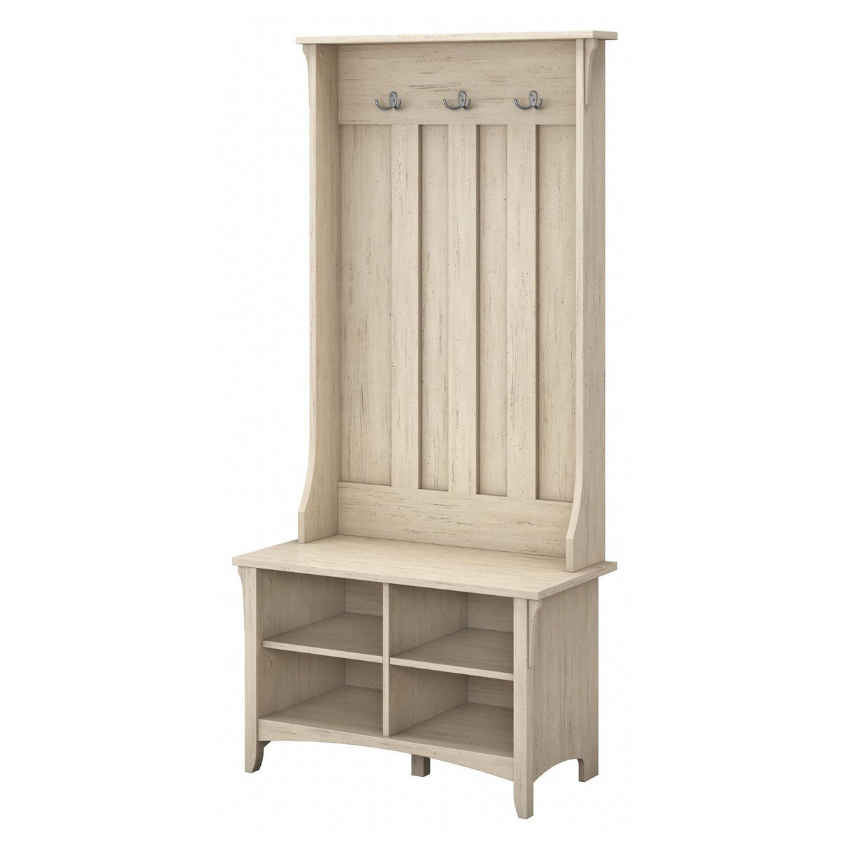Bush Furniture Salinas Hall Tree with Shoe Storage Bench in Antique White, Multi-Purpose Home Organizer, Entryway Solution with Seating and Hooks Bush Business Furniture