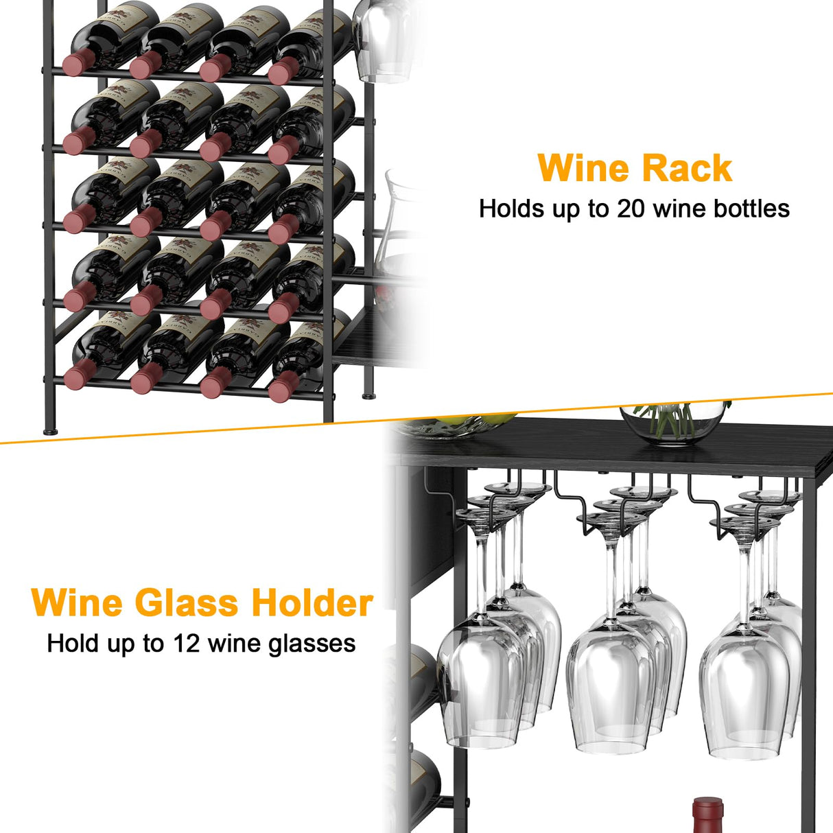 MOOACE Wine Rack Freestanding Floor, Wine Bar Cabinet with Wine Storage and Glass Holder, Mini Home Bar for Liquor Cabinet, Coffee Bar Storage for Kitchen, Dining Room, Living Room, Black MOOACE