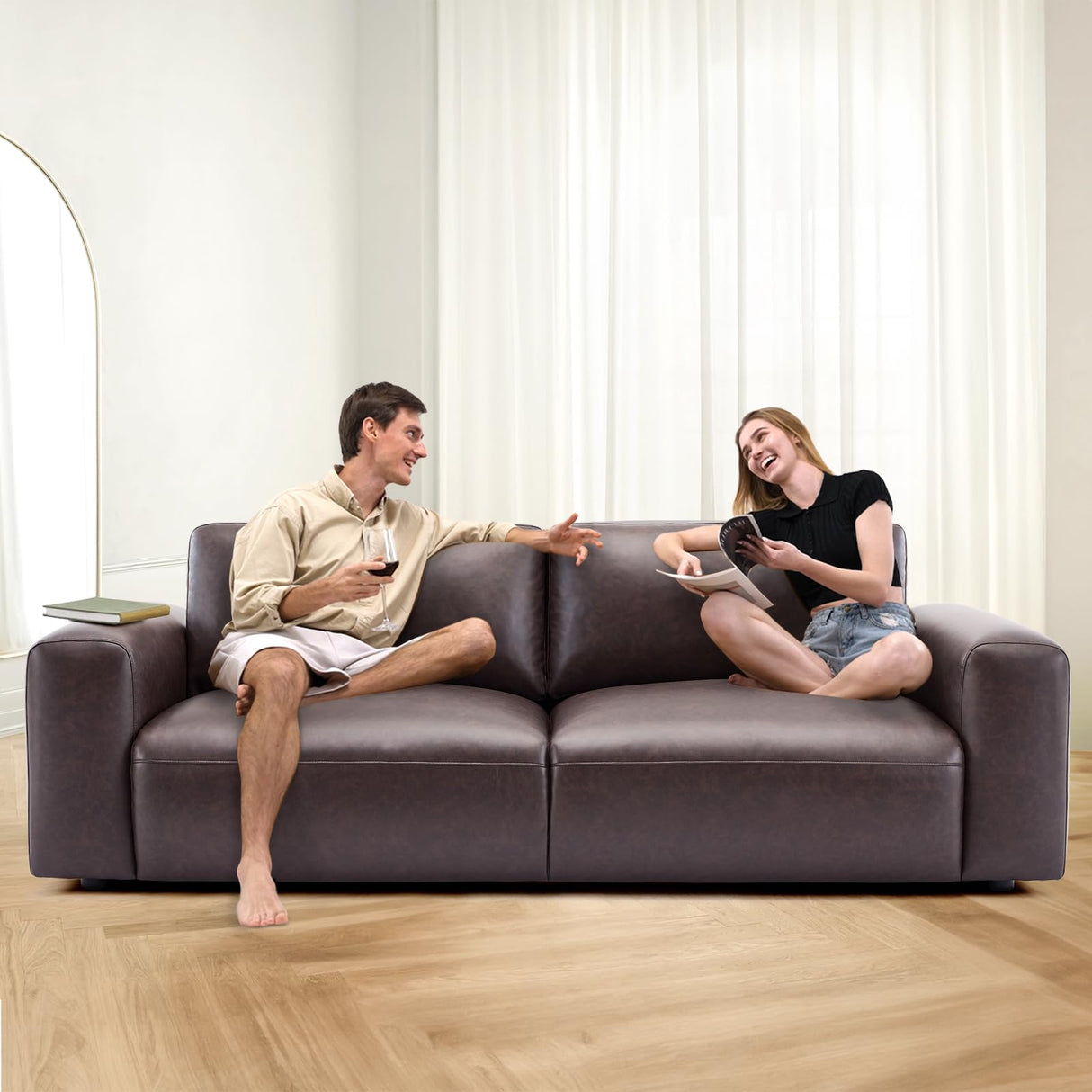 COLAMY 95" Oversized PU Leather Sofa, Comfy Sofa Couch with Extra Deep Seats, Wide Arm, Down Filled 3-Seater Modern Sofa for Living Room, Apartment Lounge-Chocolate COLAMY