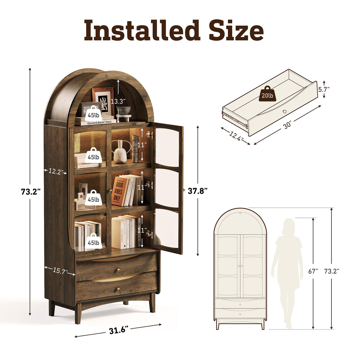STO'SENSE 73" Tall Arched Bookshelf with LED Lights,4-Tier Modern Farmhouse Arched Bookcase with Glass Doors and Shelves,Wooden Display Cabinet with 2 Drawers for Living Room, Dining Room (Walnut) STO'SENSE