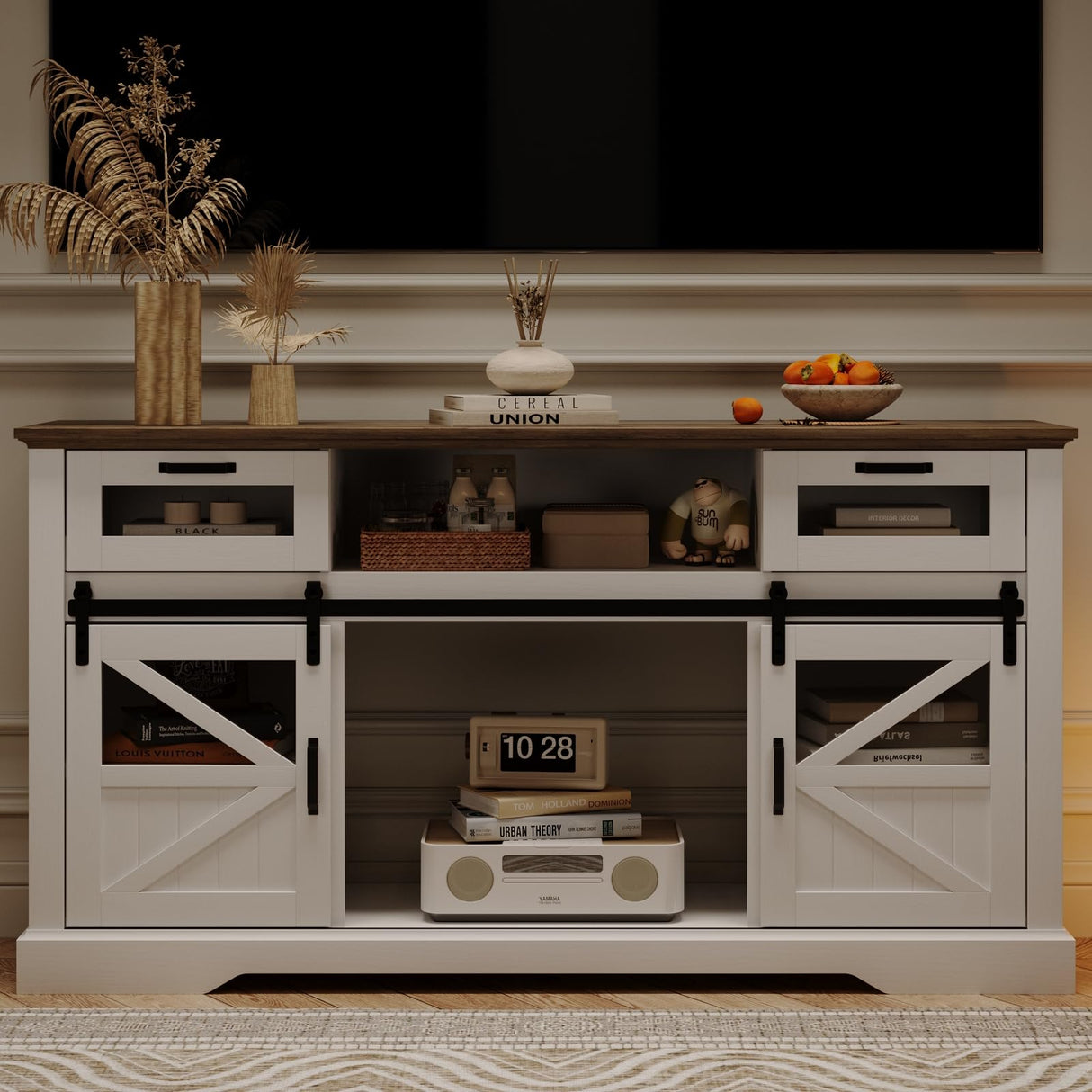 Fameill TV Stand for Televisions up to 65 Inch with Sliding Barn Doors, Glass Media Entertainment Center Storage Cabinet, Adjustable Led Light Farmhouse Console Table, Mid Century Modern White Fameill