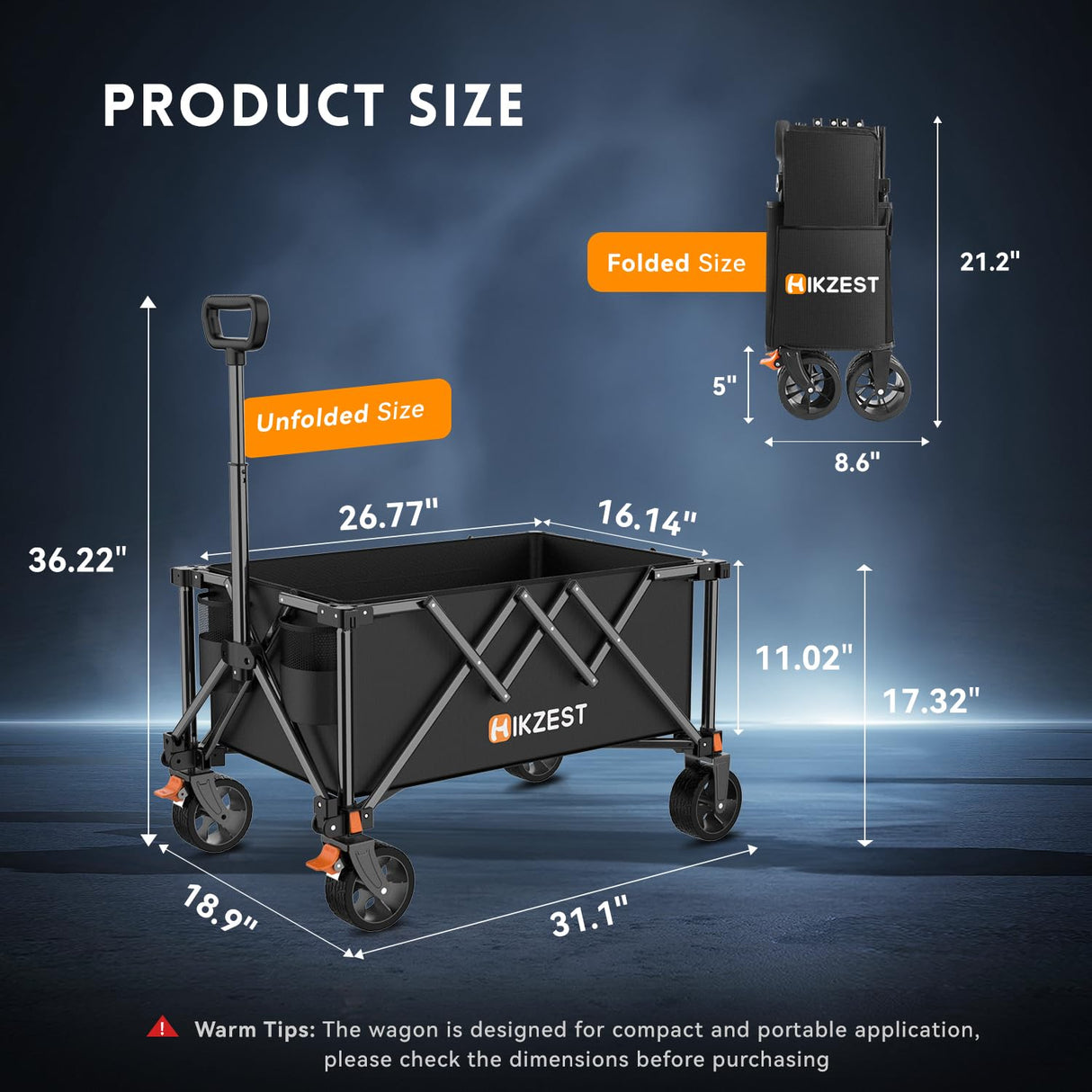 Hikzest Collapsible Wagon Cart Foldable, Utility Grocery Wagon with Wheels, Heavy Duty Lightweight Portable Folding Wagon for Outdoor Garden Sports and Shopping, Black Hikzest